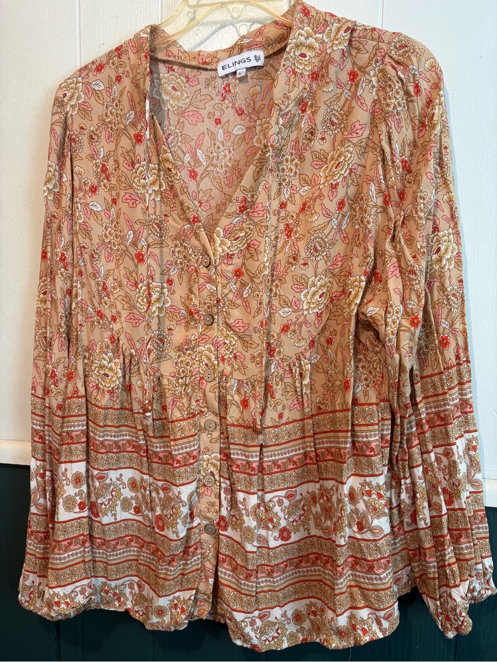 Elings Beige Floral Button-Down Peasant Top